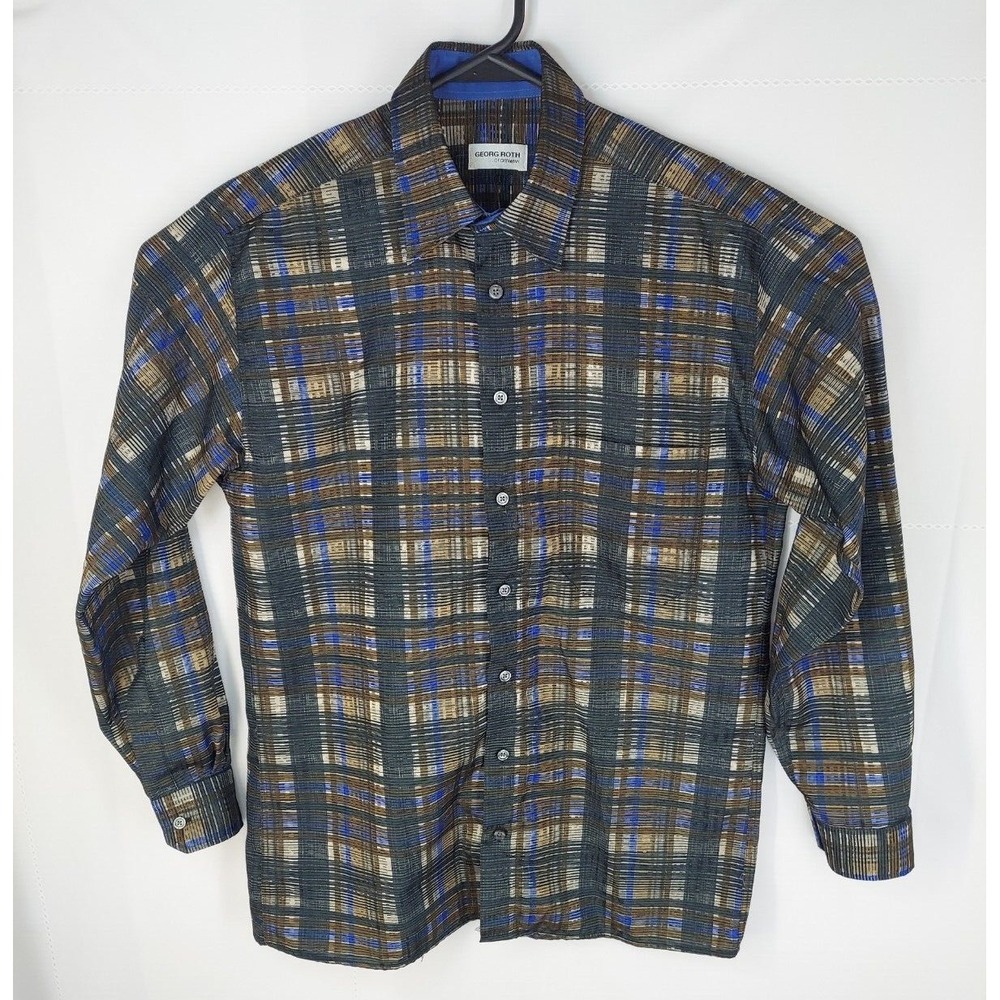 Georg Roth of Germany Mens Medium Green Geometric Plaid Long Sleeve Button Up